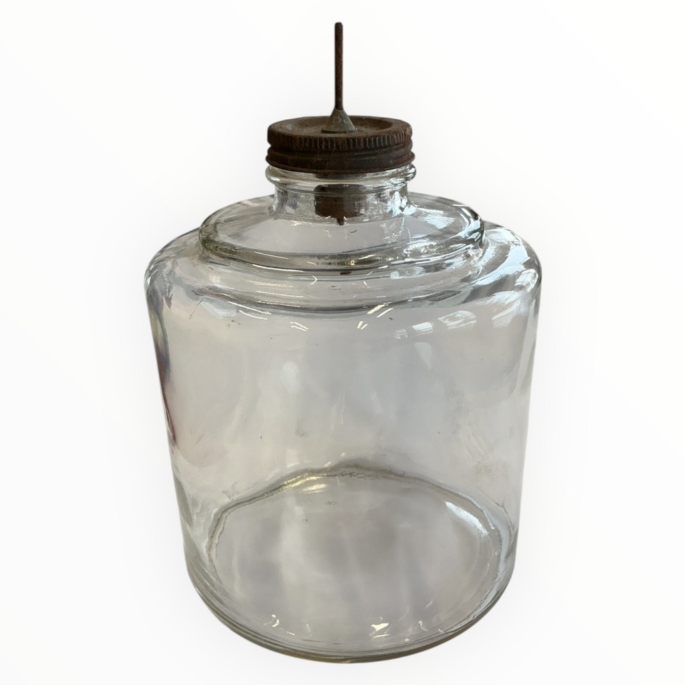 Vintage Clear Glass Kerosene Jar Metal Spout Lid Fuel Container 8.25 in‎